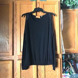 Patrizia Luca Milano Scoop Neck Edgy Studded Cold Shoulder Top Black - L